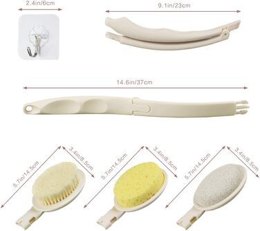 3-в-1 скребок для спини, аплікатор крему для тіла з довгим руків'ям, губка, пемза, люфа для душу. Білий, універсальний розмір