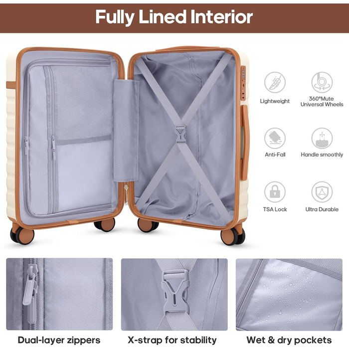 Набір валіз UKEIN 3 шт. з жорсткою PC оболонкою: велика, середня, маленька. Зручний набір валіз для подорожей з TSA замком, спіннерами та рюкзаком для ноутбука. В комплекті: валіза, рюкзак, кульок. Колір: кремовий.