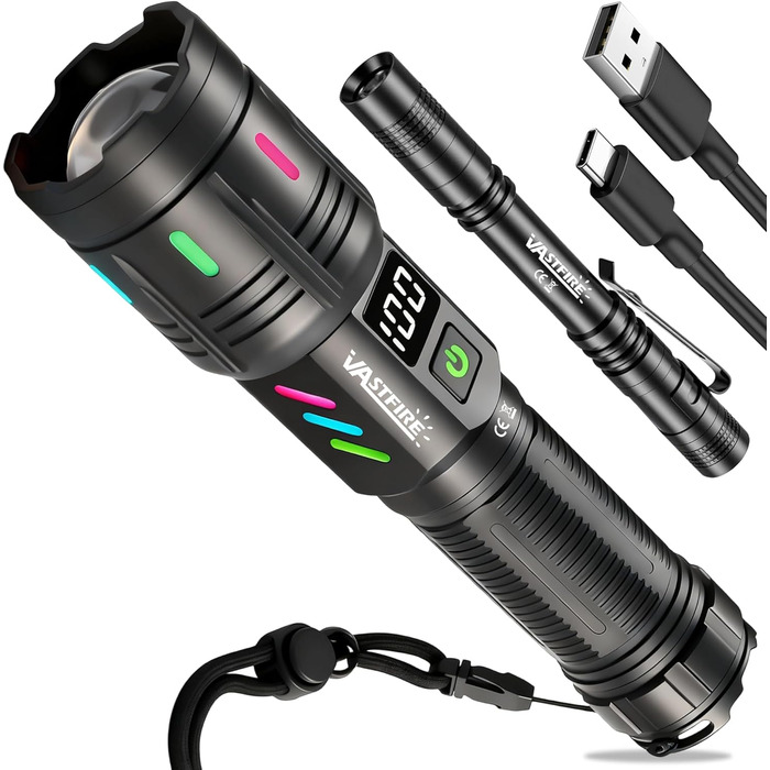 Ліхтар LED VASTFIRE 500000 люменів, тактичний, перезаряджається USB, водонепроникний, для кемпінгу, туризму, активного відпочинку, надпотужний, чорний