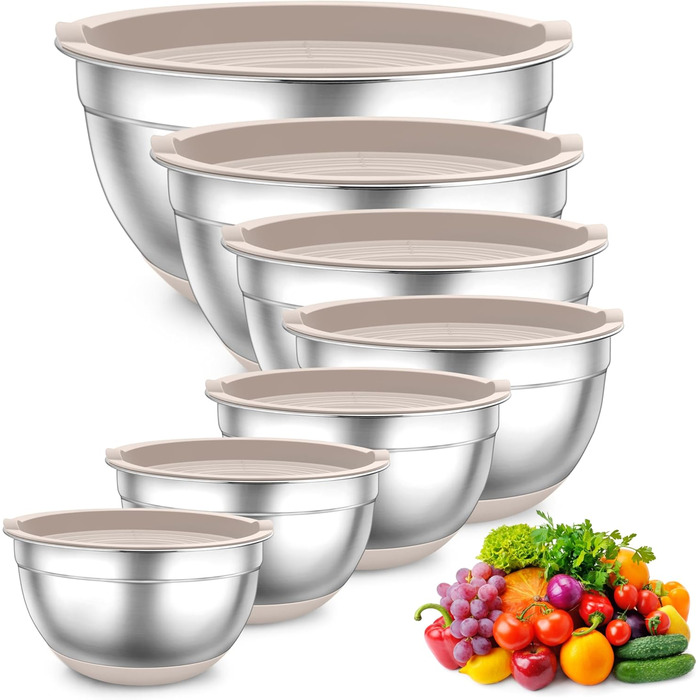TEAMFAR Mixing Bowl Set, 7-Piece Stainless Steel Bowls Salad Bowls with Airtight Lids and Silicone Bottom, 0.7L/1.2L/1.5L/2.5L/2.8L/3.5L/6.5L, Khaki