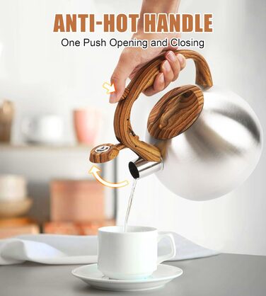 Чайник-свисток Foedo з нержавіючої сталі з дерев'яною обробкою, 3.2 л, для чаю, води, кави та молока, класичний дизайн, червоний (срібний)