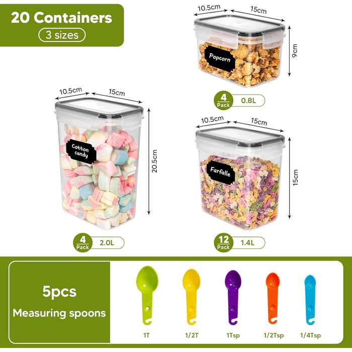 Набір контейнерів для продуктів на 20 штук з кришкою, герметичні, BPA-free, з етикетками, для зберігання круп, борошна, мюслі, кухонний органайзер