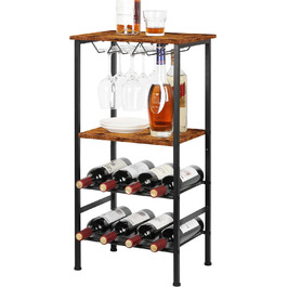 YBING Wine Rack, Freestanding, Floor Wine Bar Rack with Glass Holder and Tabletop, 8 Bottles, Wood Wine Tables with Shelves, 4 Tiers, Wine Bottle Organizer, Display Stand, Rustic Brown