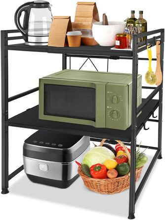 Expandable Microwave Shelf with 8 Hooks, 3-Tier Microwave Stand Freestanding Shelf Microwave Holder Baker's Rack Organizer for Kitchen Countertops, Black