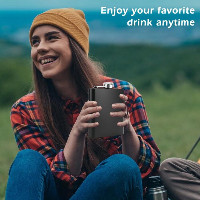 Набір з 4 флаконів з нержавіючої сталі: 236 мл, з воронкою, для напоїв, жінок, пікніків, подорожей, кемпінгу, 13,8 x 9,4 см, чорний