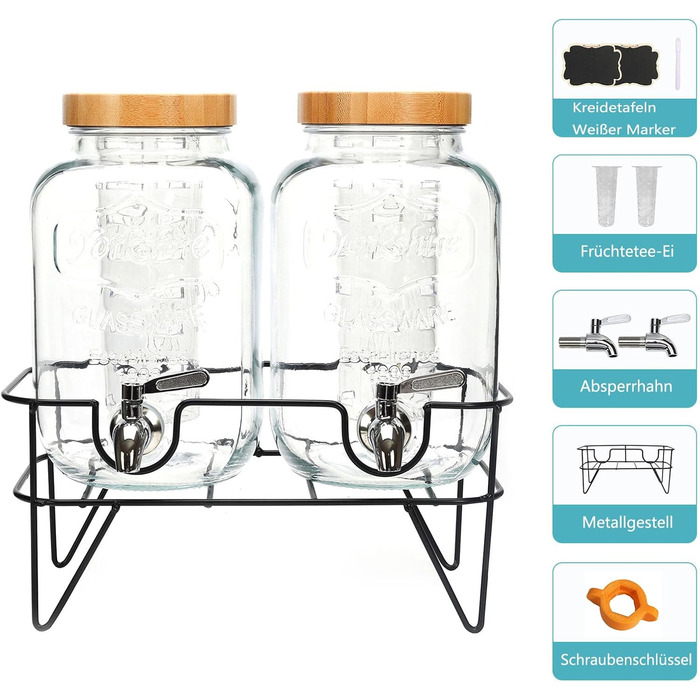 Скляний диспенсер для напоїв на 4 літри з краном, 2 шт. з підставкою, для лимонадів, холодного чаю, комбучі. Підходить для вечірок, свят, бамбукова кришка