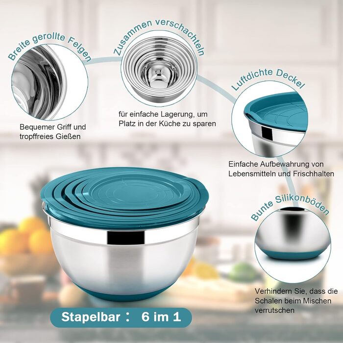 Mixing Bowl Set of 6, Homikit Stainless Steel Bowl Set, Salad Bowl with Airtight Lid & Non-Slip Silicone Bottom for Cooking/Baking/Serving, 4.6L/2.8L/2.5L/1.6L/1.2L/0.7L, Blue