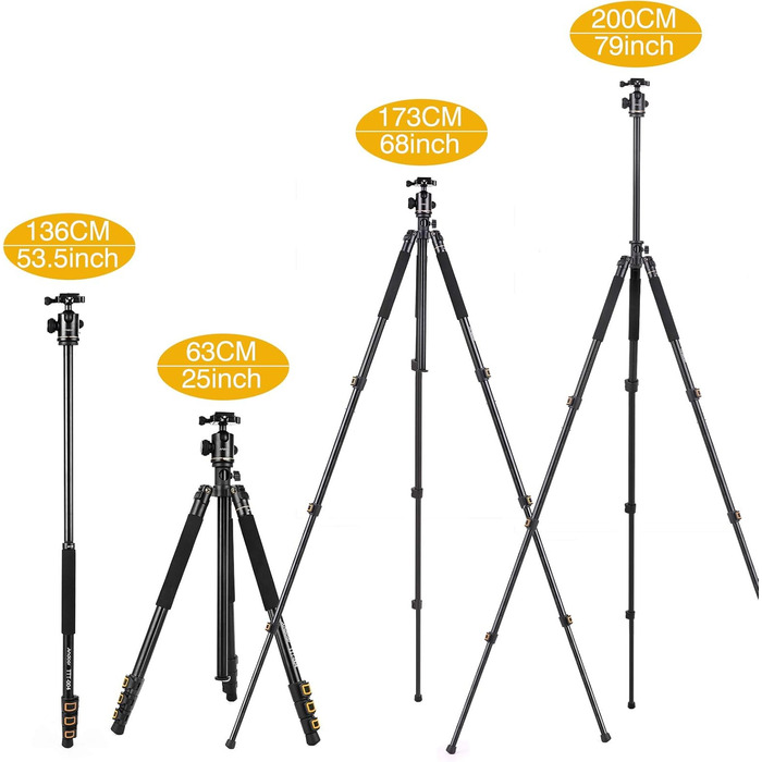 Штатив Andoer 2-в-1 з алюмінію, 200 см, для камери, з кульковою головкою 360°, вантажопідйомність 8 кг, з сумкою для подорожей