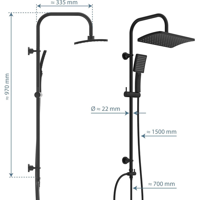 Schütte Shower Set MALLORCA Shower Column with Large Rain Shower Head, Hand Shower with 3 Jet Types, Shower System without Faucet, Matte Black
