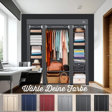 KESSER® Wardrobe Fabric Closet, Stable with Clothes Rail & Shelves, Incl. 5x Clothes Hangers, Fabric Folding Closet for Bedroom, Dressing Room Wardrobe with Clothes Rack 150x45x175cm Anthracite