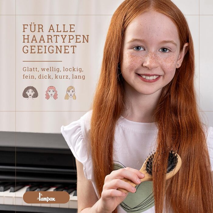 Бамбукова щітка для волосся Lampox з щетиною кабана, масажна щітка для голови, розпушувач для довгих волосся та кучерів, підходить для жінок, чоловіків та дітей (овальна, для дітей)