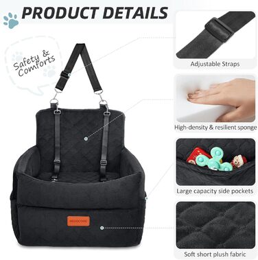 Washable Dog Car Seat for Small to Medium Dogs with Leash & Storage Pockets - Thickened Elevated Dog Bed for Back or Front Seat - Black