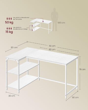 Кутовий письмовий стіл VASAGLE L-подібний, комп'ютерний стіл для офісу та дому, колір клен/білий, 110 x 80 см