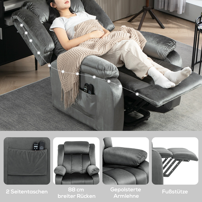 HOMCOM TV Chair with Rise Assist, Electric Recliner with Lie-flat Function, Vibration Massage, Heating Function, TV Chair with Pocket Coil Spring, Side Pocket and Remote Control, Dark Grey | Aosom