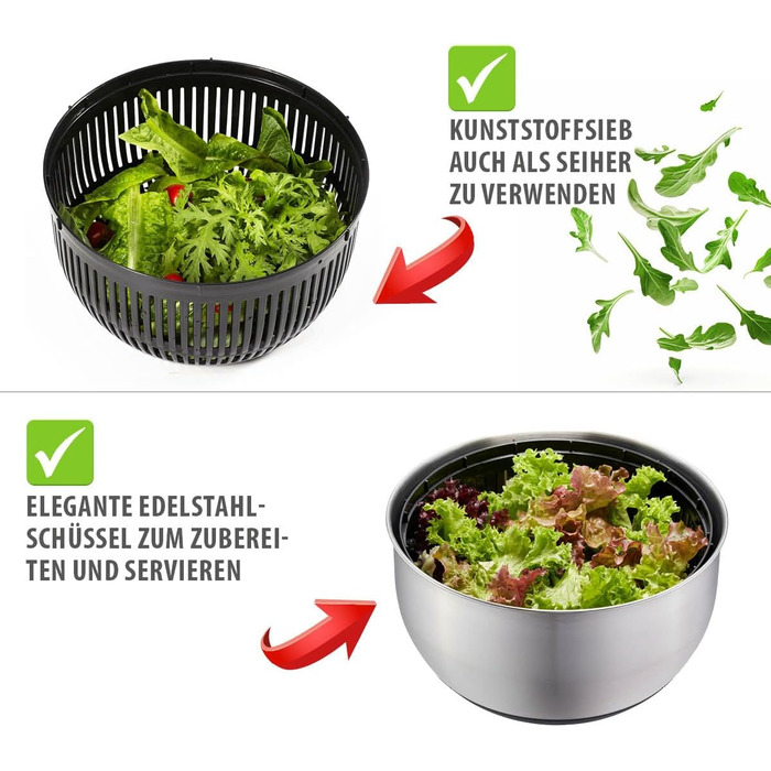 GEFU Салатоотжим - 5 л, вбудований виливник, кнопка стоп, неслизький, придатний для миття в посудомийній машині (4,5 л, кришка, нержавіюча сталь + кришка для зберігання)