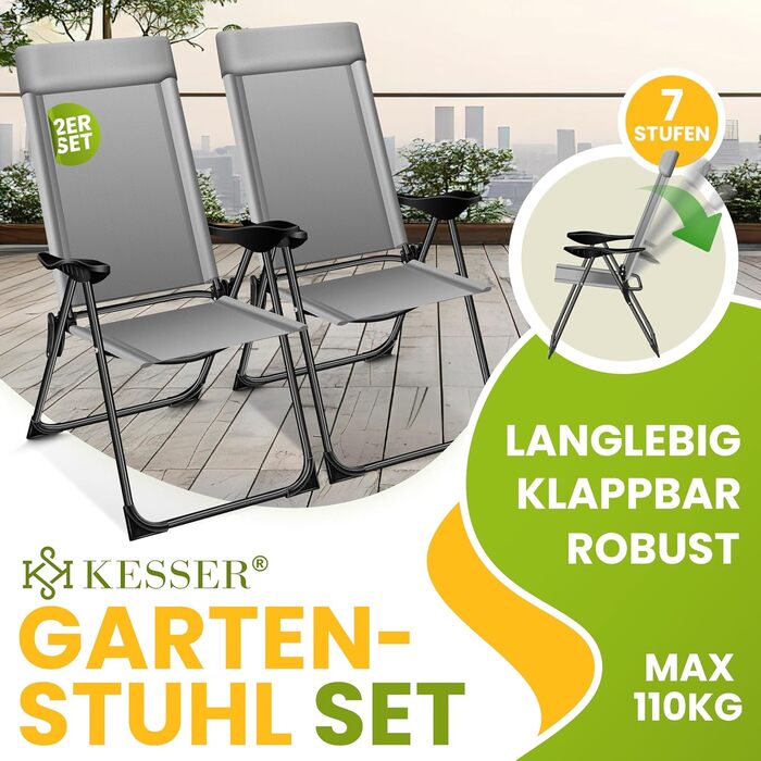 Крісла садові розкладні KESSER® 2 шт. з високою спинкою, алюміній, 7 положень, з підлокітниками, сітчасті, для балкону, тераси, кемпінгу