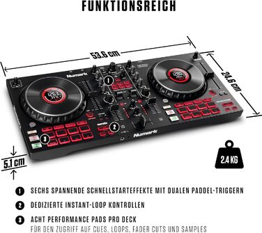 DJ контролер Numark NS4FX: 4 канали, Touch-Jogwheels, Pads, ефекти, Serato DJ Lite, чорний