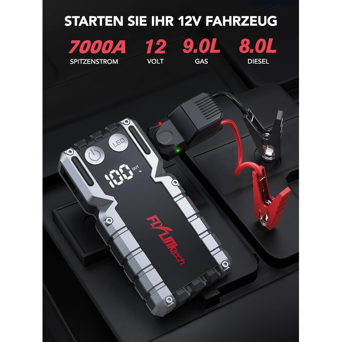 Powerbank Flylinktech CF900 для автозапуску з LCD-дисплеєм, 7000A, LED-ліхтарик, USB 3.0 (до 9.0L бензин/8.0L дизель)