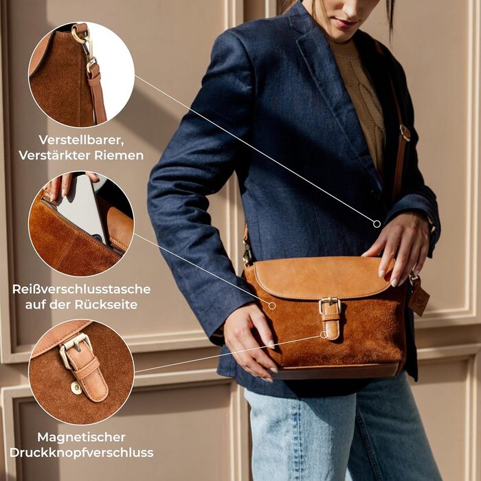 Сумка через плече Berliner Bags Catalina Vintage з натуральної шкіри коньякового кольору для жінок. Компактна крос-боді сумка з магнітною застібкою.