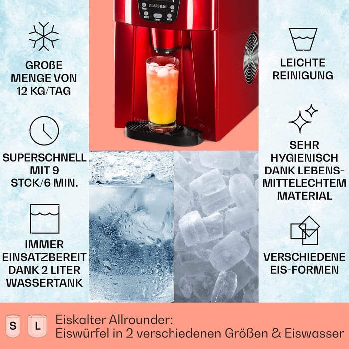 Машина для приготування льоду Klarstein Eiswürfelmaschine Klein, 2L, червона, з дозатором води, для 12 кг льоду, швидка, з сигналом