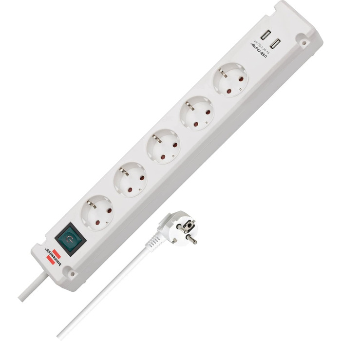 Смуга розеток Brennenstuhl Bremounta з USB-зарядкою (5 розеток, вимикач, для кріплення на стіну, 2x та 3м кабель, білий)