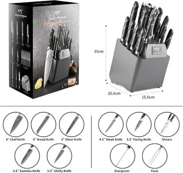 NANFANG BROTHERS 18-Piece Damascus Kitchen Knife Set with Hammered Handles & Wood Block - Premium Sharp Steel Blades