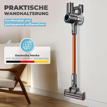 Акумуляторний пилосос KLAMER 2-в-1: вертикальний та ручний, час роботи до 45 хв, HEPA-фільтр для килима, авто та твердих поверхонь, сірий/помаранчевий, 2 акумулятори (по 45 хв)