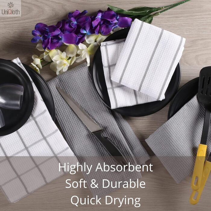 UniQloth 6-Piece Dish Towel Set - 100% Cotton - for Restaurant, Bar, Glass - Absorbent, Machine Washable Dish Towels with Hanging Loop - 38x64 cm Grey