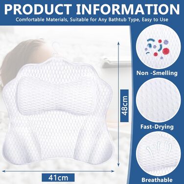 Підголовник для ванни MOYKSRR з 6 присосками та дихаючою сіткою 4D Air Mesh, для комфортного відпочинку у ванні