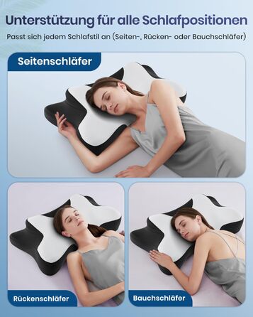 Подушка для шиї DONAMA для сну, ергономічна подушка для тих, хто спить на боці, спині та животі з знімним та пральним чохлом (Чорно-біла, 66x37x13 см)