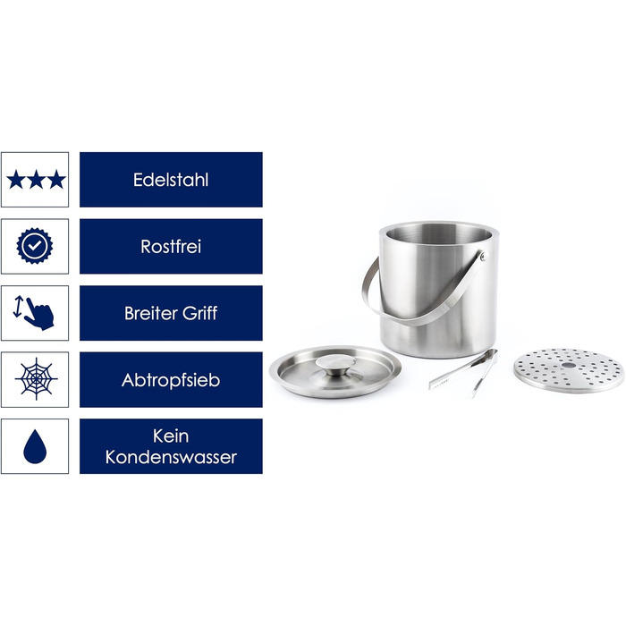 Hanseküche Large Ice Cube Container Ice Bucket 3L including Lid, Tongs, and Double Bottom - 304 Stainless Steel - Double-Walled Insulated - Very Long-Lasting Thermal Effect - Ideal for Keeping Drinks Cold for Extended Periods