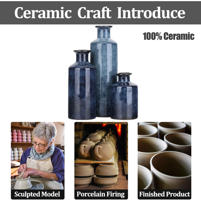 Набір керамічних ваз блакитного кольору – 3 шт. Вази у стилі фермерського будинку, декор для дому, вітальні, столу, каміну та входу