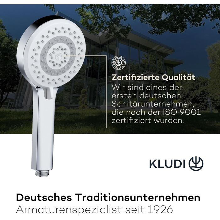KLUDI-X1 Universal Showerhead with Hose, optional showerhead for water-saving use with 3 spray patterns (Body, Hair, Skin), easy-to-clean showerhead Ø 10.7 cm, shower hose 1.60 m (Chrome, 3 spray patterns)