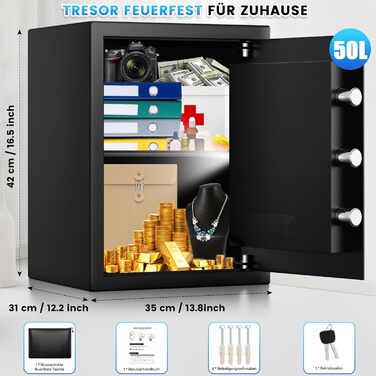 Великий сейф 50л для дому: вогнестійкий, водонепроникний, з ключем та кодовим замком. Сейф для ювелірних виробів, документів, грошей. Вбудована сигналізація, настінний сейф.