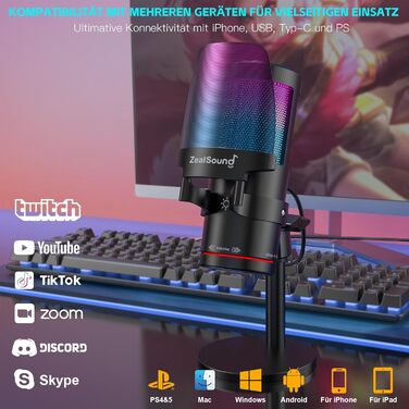 Zealsound USB мікрофон для ПК та мобільного телефону: RGB, з регулюванням гучності, кнопкою вимкнення звуку, поп-фільтром, тримачем-амортизатором та підставкою. Для подкастів, стрімінгу, Discord, YouTube, TikTok (KM8)