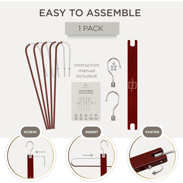 Дерев'яні вішалки для одягу Moralve, 2 шт., для шафи – вішалки для джинсів, хустків, економія місця (махагон)