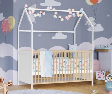 Bellabino Nika Babybett in Hausoptik 70 x 140 cm, crib and house bed for children and babies made of solid pine wood in blue, 3-fold height adjustable including slatted base.