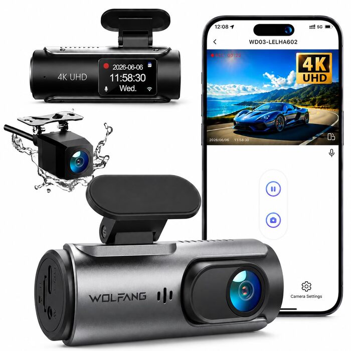 Автомобільний відеореєстратор WOLFANG 4K з Wi-Fi, передня та задня камери, підтримка 24-годинного моніторингу