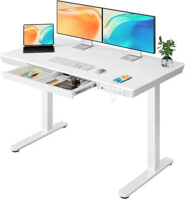 Електричний стіл ErGear 120x60 см з регулюванням висоти, шухлядою і цільною білою дерев'яною стільницею для дому та офісу