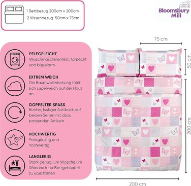 Дитяча постільна білизна Bloomsbury Mill 135x200 - Комплект постільної білизни для дівчаток з принцесами та весельками - Рожево-ліловий комплект для односпального ліжка (200x200 см, Патчворк)