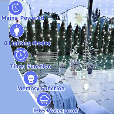 Льодогенератор Joycome 3м x 3м з 300 LED, 8 режимів, вологостійкий, для дому, балкона, вечірки, шматку, теплий білий