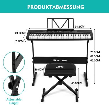 MUSTAR 61-клавішна клавіатура-піаніно для початківців, цифрова клавіатура з підсвічуванням, динаміками, стійкою, табуретом, навушниками, мікрофоном, підставкою для нот, 300 звуками та уроками музики (Чорний)