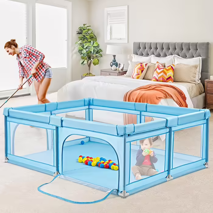 COSTWAY 205 x 147cm Playpen for Baby with Mattress, Foldable Baby Playpen, Playard with 50 Balls, 2 Doors, Breathable Mesh & Zipper, Play Tent for Infants & Toddlers (Dark Grey)