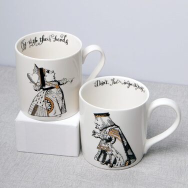 V&A Alice in Wonderland Mug Set in Gift Box, King and Queen of Hearts, Fine Porcelain, 350 ml, 2 Pieces, White/Black/Gold C00047