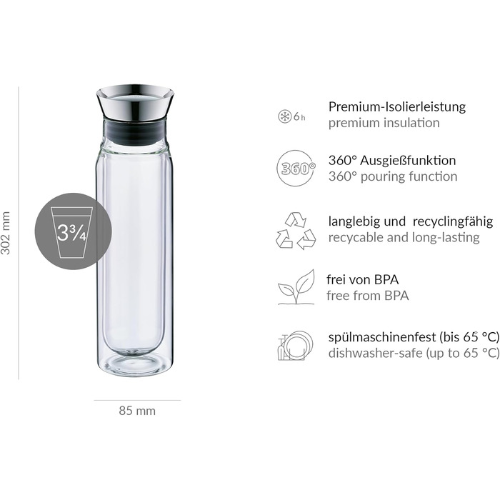 alfi FLOWMOTION 0.75l, double-walled borosilicate glass carafe, automatic pouring, integrated strainer, detachable lid, dishwasher-safe, Thermo glass carafe, for hot and cold beverages
