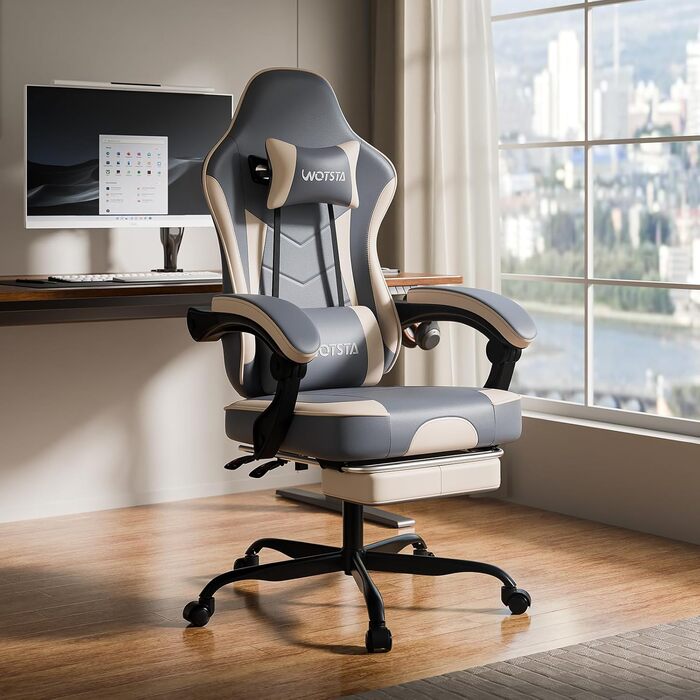 Геймерське крісло Ergonormic з підставкою для ніг, регульованою підтримкою спини, темно-сіре (синьо-бежеве)