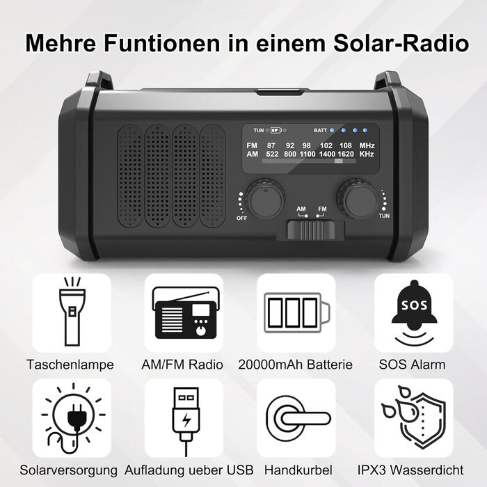 Радіо Solar Radio на сонячних батареях з ручним заводом AM/FM, Powerbank 20000mAh, ліхтарик LED, SOS-сигнал, USB-C зарядка для телефону, чорне – для кемпінгу та активного відпочинку