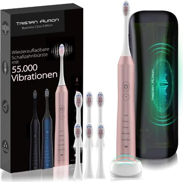 Електрична зубна щітка Tristan Auron з акумулятором на 60 днів - 55 000 VPM, 5 режимів, UV-етиуі та 6 насадок (Рожевий/Блакитний)