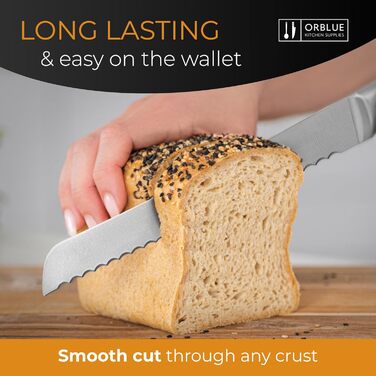 Ніж для хліба Orblue з нержавіючої сталі з хвилястим лезом - професійний кухонний ніж, ідеальний для хліба, багелів та випічки, чорний