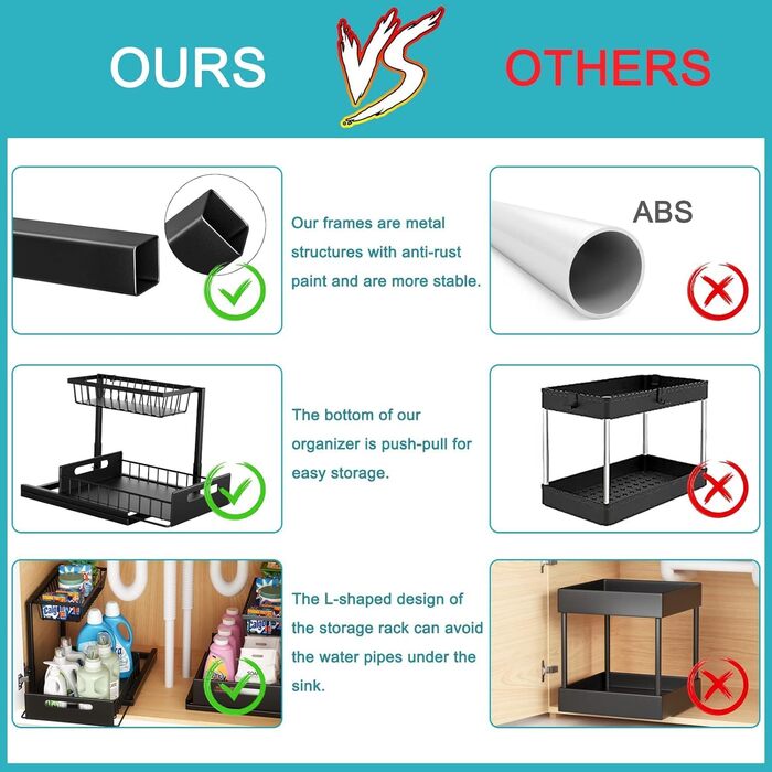 Cocolemon Under Sink Shelf Organizer, 2-Tier Kitchen Cabinet Organizer with Drawer, Large Capacity Under Sink Shelf, Spice Rack and Kitchen Helper for Kitchen, Bathroom, Under Cabinet, Black (2 PCS)